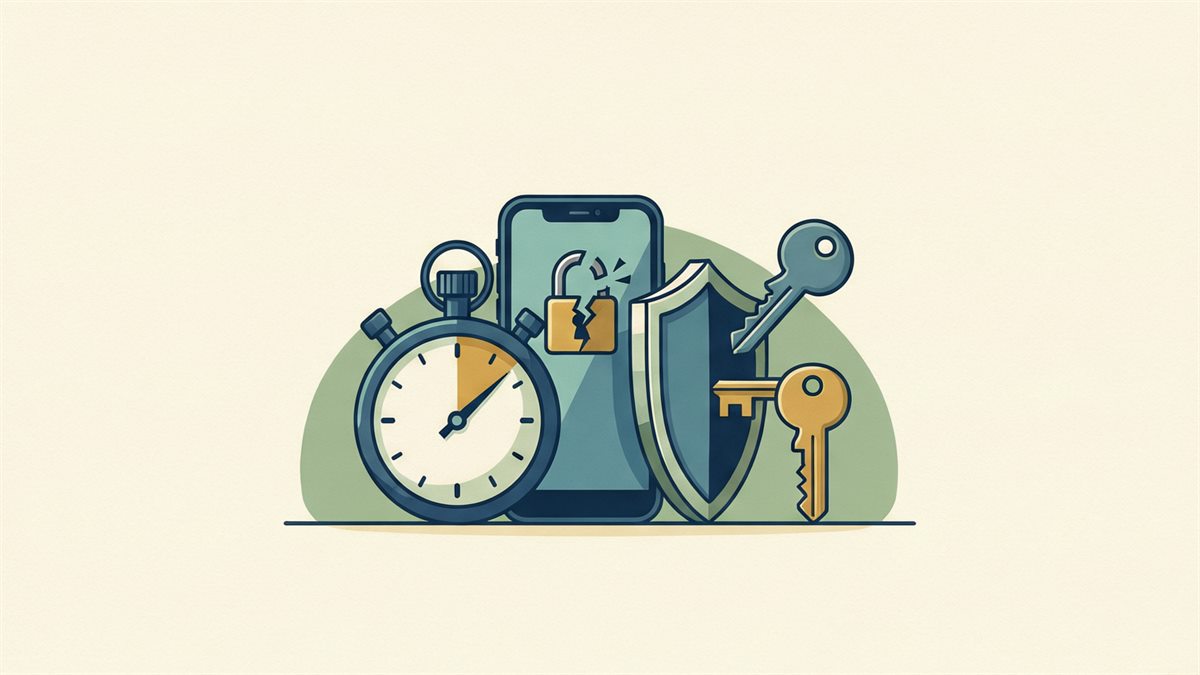 A stopwatch beside a smartphone with a broken padlock and a shield being closed back over it