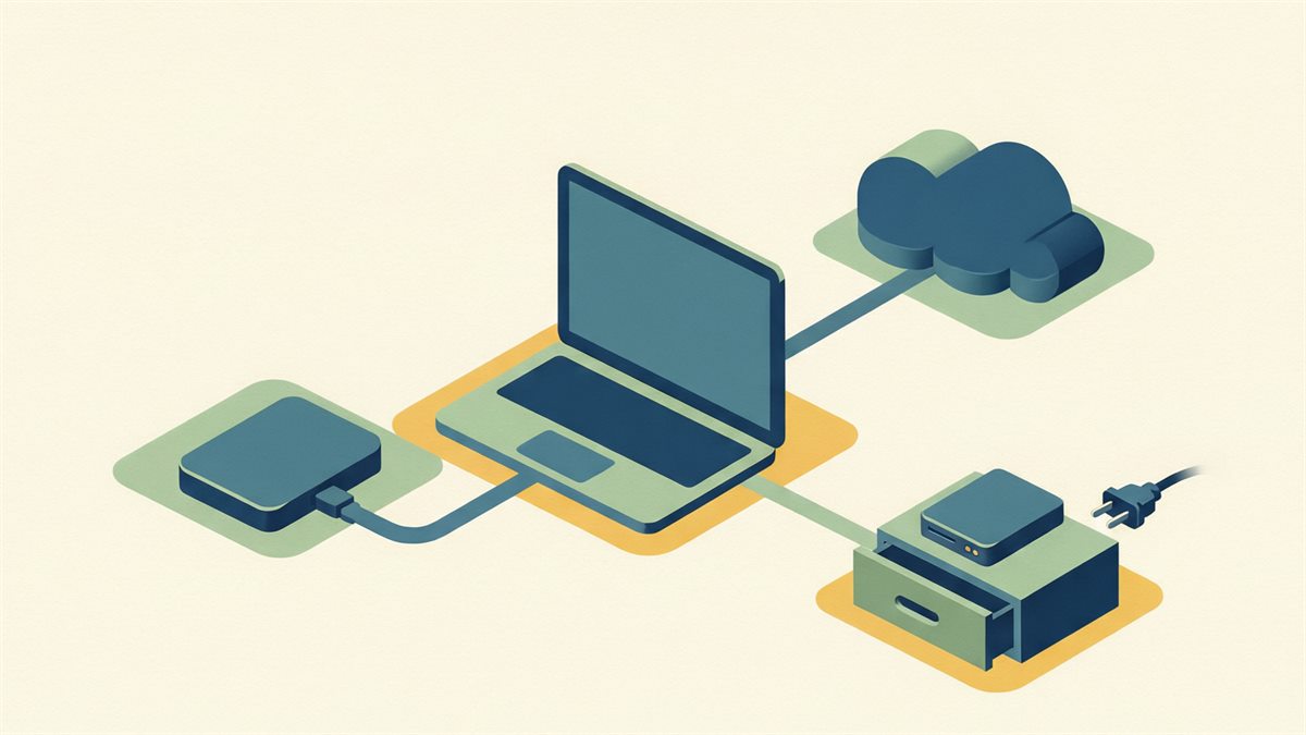 A laptop connected by lines to an external hard drive, a cloud shape, and an offline drive resting in a drawer