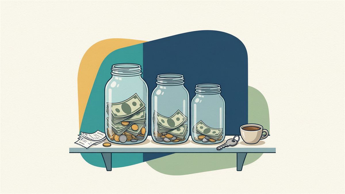 Three glass jars on a shelf filled to clearly different heights with folded notes and coins, with a house key and a coffee cup beside them