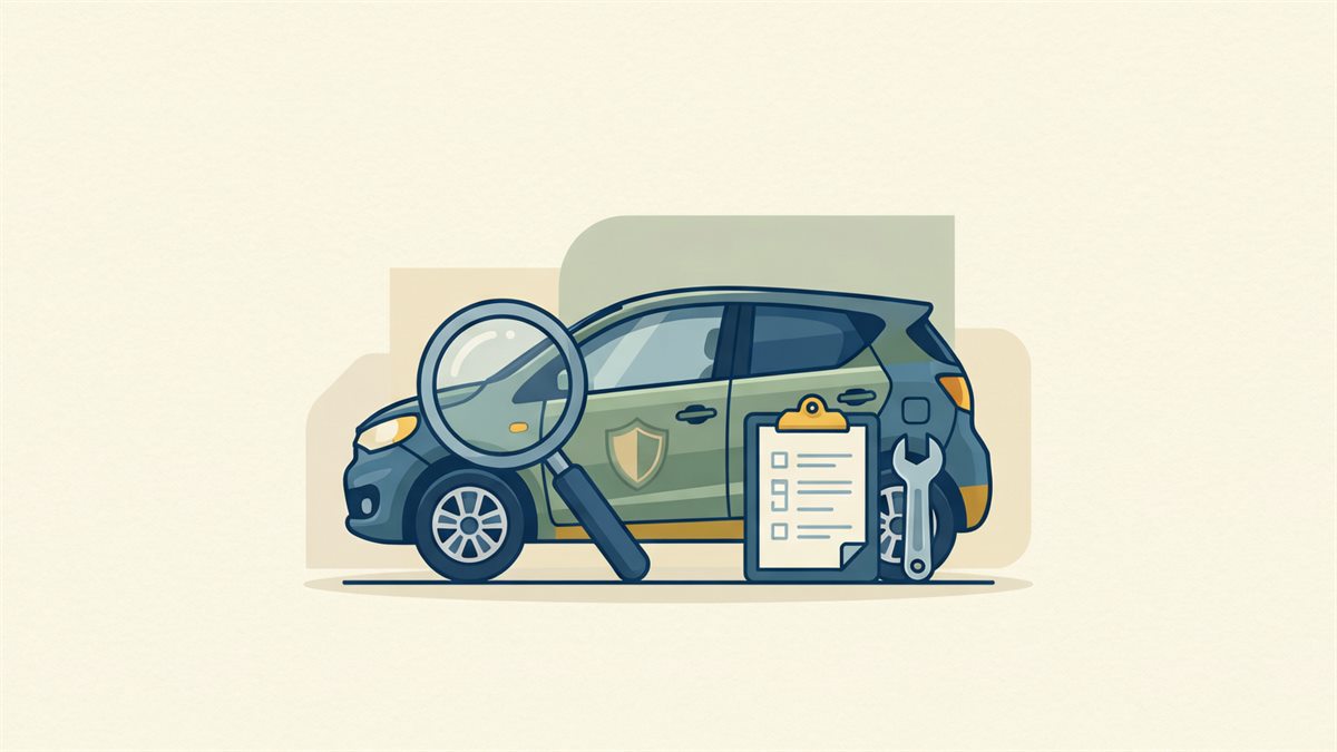 A side view of a compact used car with a magnifying glass over the wheel arch and a checklist clipboard beside it