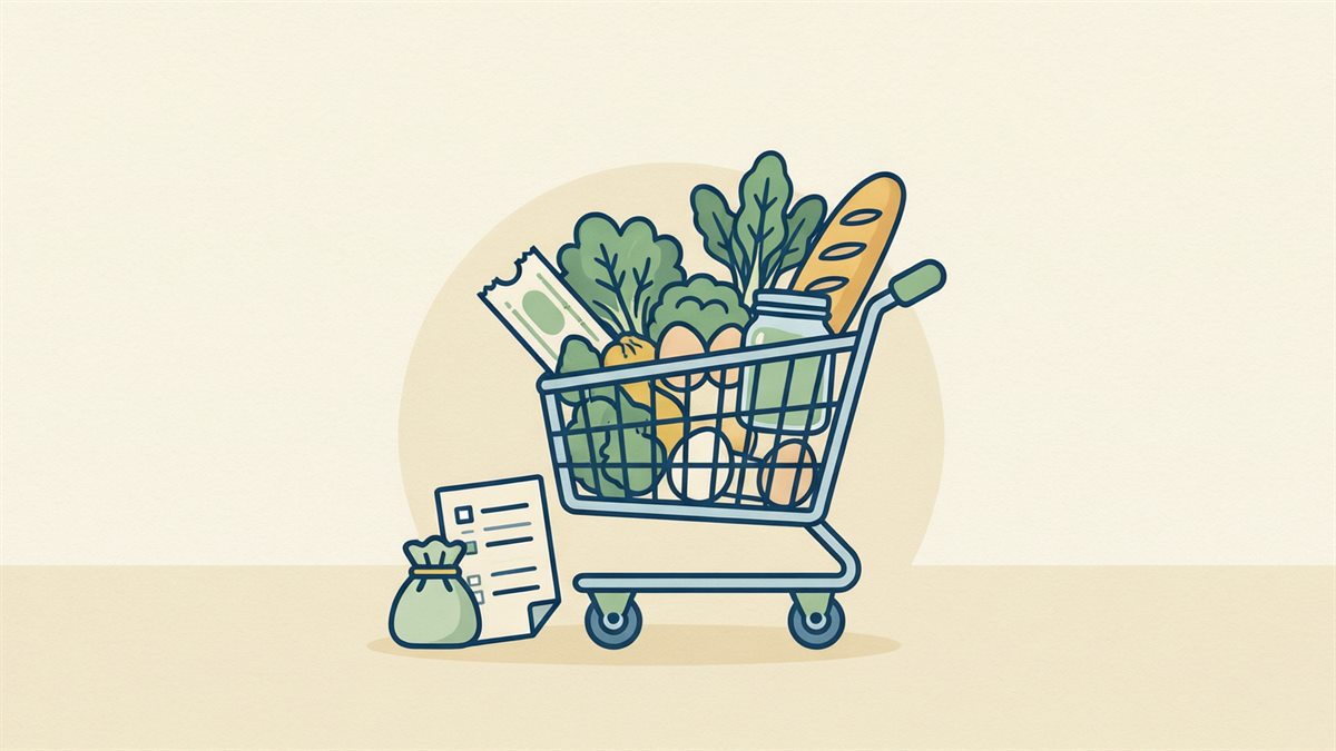 A shopping cart filled with vegetables, bread, eggs and a jar, next to a checklist and a small coin pouch