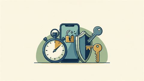 A stopwatch beside a smartphone with a broken padlock and a shield being closed back over it