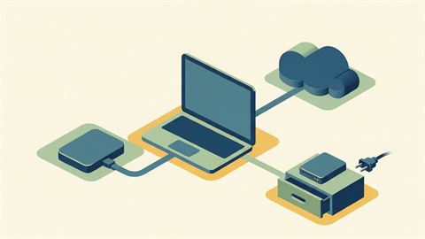 A laptop connected by lines to an external hard drive, a cloud shape, and an offline drive resting in a drawer