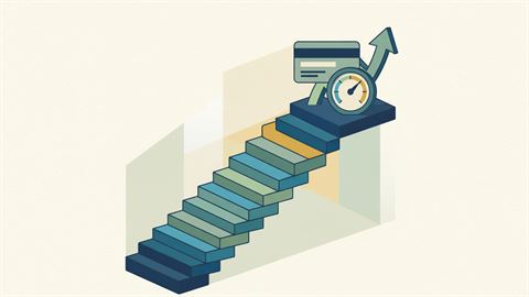 A credit card resting on the top step of an ascending block staircase next to a dial gauge with a rising arrow