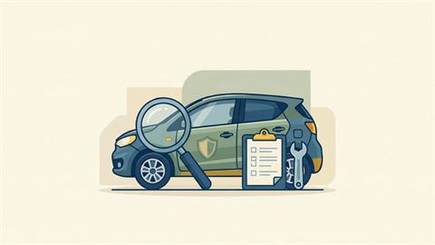 A side view of a compact used car with a magnifying glass over the wheel arch and a checklist clipboard beside it