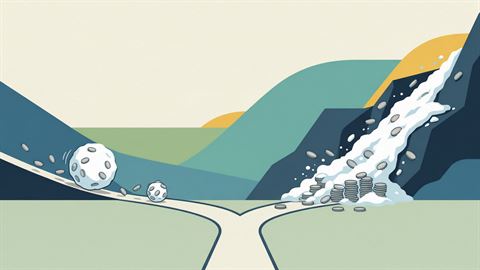A fork in the road where a small snowball gathers coins rolling downhill on one side and an avalanche slides over stacked coins on the other