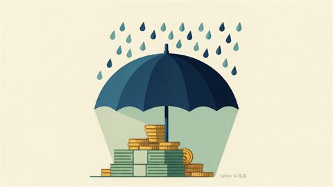 An umbrella sheltering a stack of notes and coins arranged as three rising steps