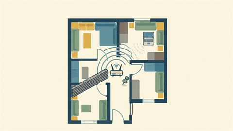 A top-down floor plan with a Wi-Fi router in the middle, a brick wall blocking the signal arcs, and a pin marking a better spot