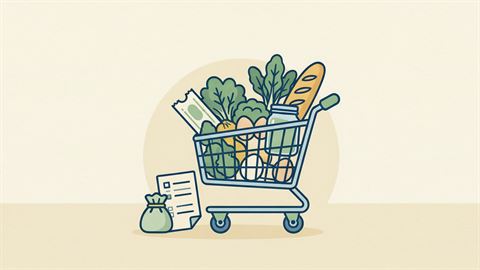 A shopping cart filled with vegetables, bread, eggs and a jar, next to a checklist and a small coin pouch