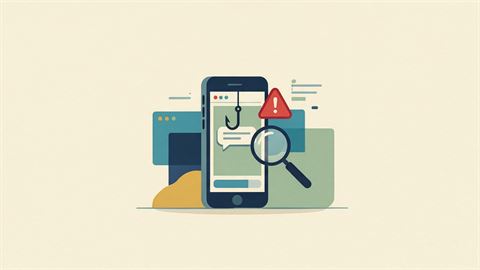 A smartphone showing a message bubble caught on a fishing hook, with a red warning triangle and a magnifying glass