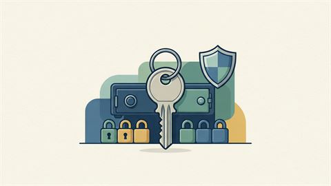 A master key on a ring in front of a small wall safe, a shield, and a row of differently coloured lock tiles