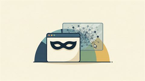 A browser window wearing a domino mask in front, with a translucent panel behind it showing tracking dots still following the cursor