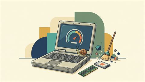 An older laptop with a slow gauge on its screen and a snail beside it, next to a memory stick, a solid-state drive and a small broom