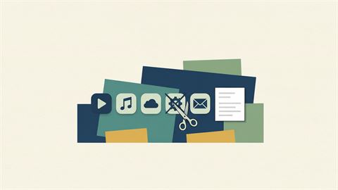 A row of app tiles with one crossed out and scissors cutting a card at the end of the row, beside a plain statement sheet